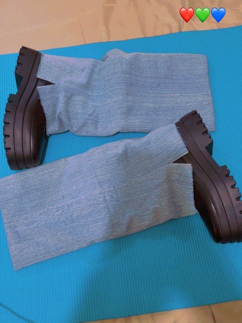 Chunky Black Platform Lug Sole Boots with Light Blue Knit Leggings